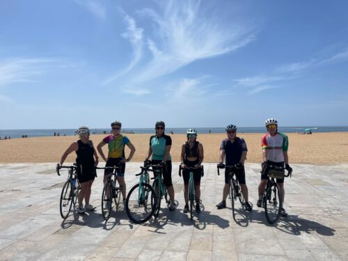 Cyclists on an afternoon bike ride through the Algarve countryside near Vilamoura