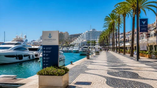 Vilamoura Marina waterfront and promenade in the Algarve, Portugal